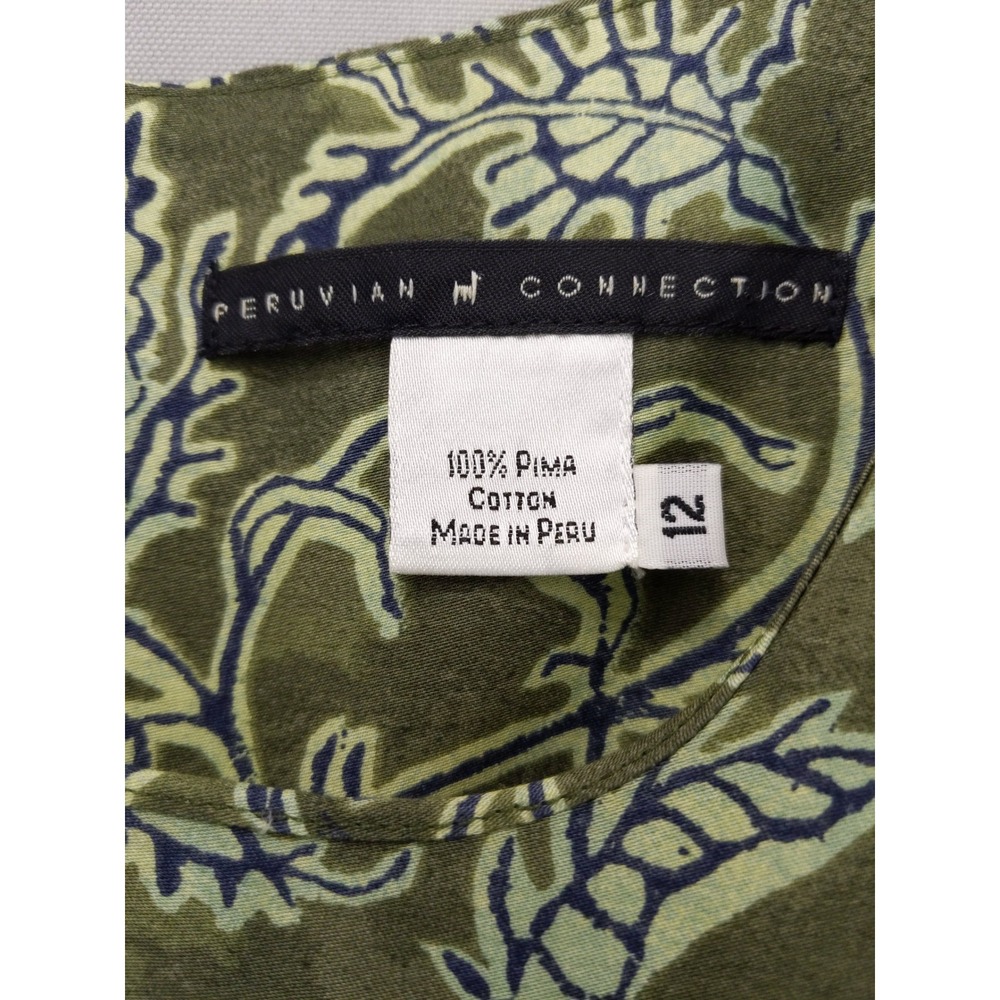 Peruvian Connection Sheath Dress 12 Green Floral Pima Cotton Midi Sleeveless - Picture 6 of 8